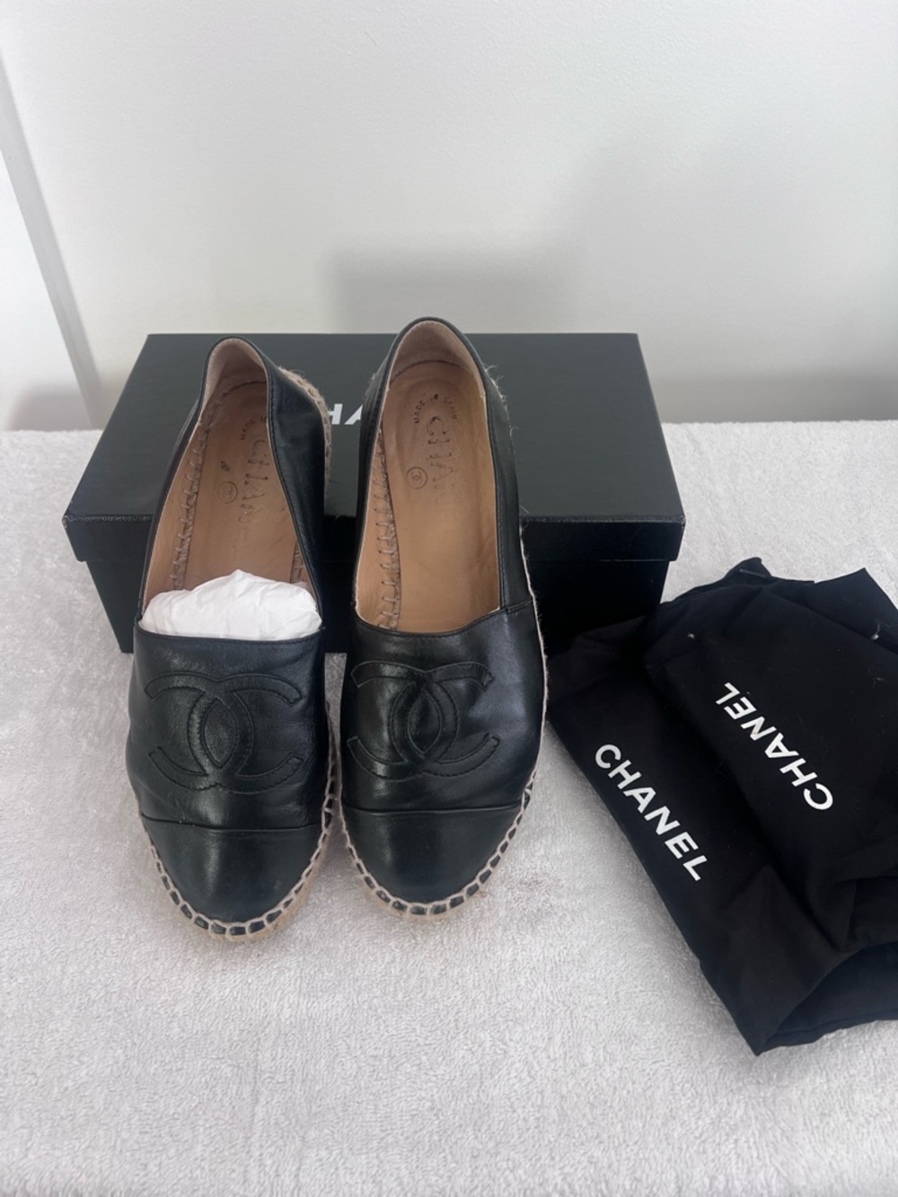 CHANEL Black Leather CC Espadrille Flats